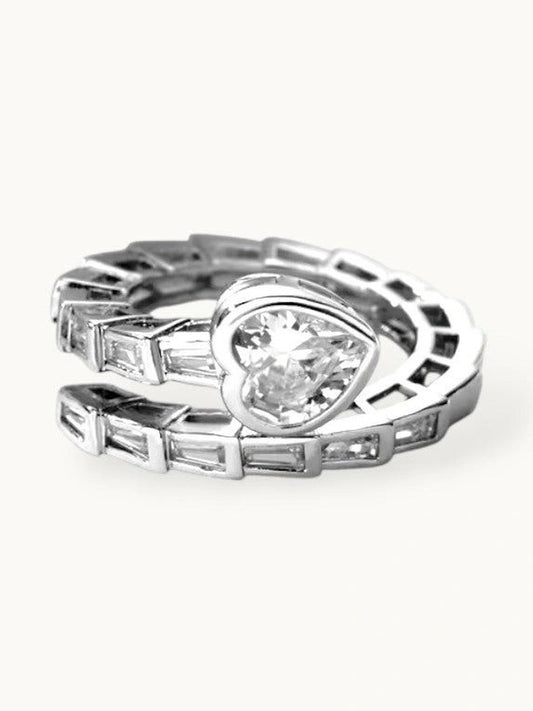 Heart Shaped Solitaire Baguette Serpent Wrap Silver Diamond Ring