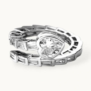 Heart Shaped Solitaire Baguette Serpent Wrap Silver Diamond Ring