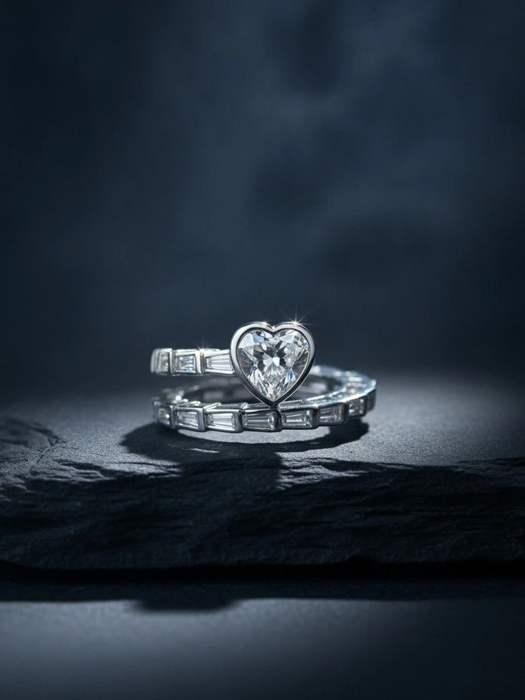 Heart Shaped Solitaire Baguette Serpent Wrap Silver Diamond Ring