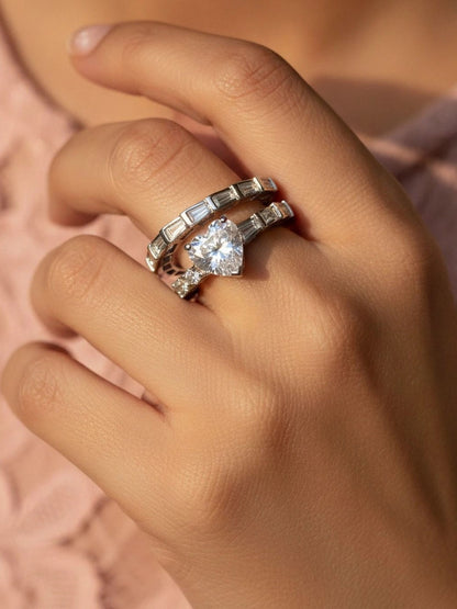 Heart Shaped Solitaire Baguette Serpent Wrap Silver Diamond Ring