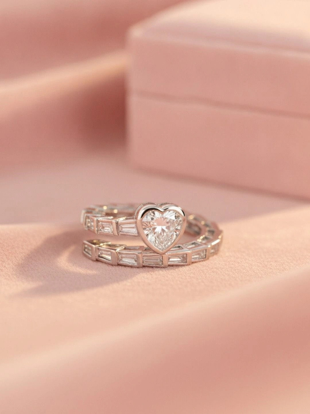 Heart Shaped Solitaire Baguette Serpent Wrap Silver Diamond Ring