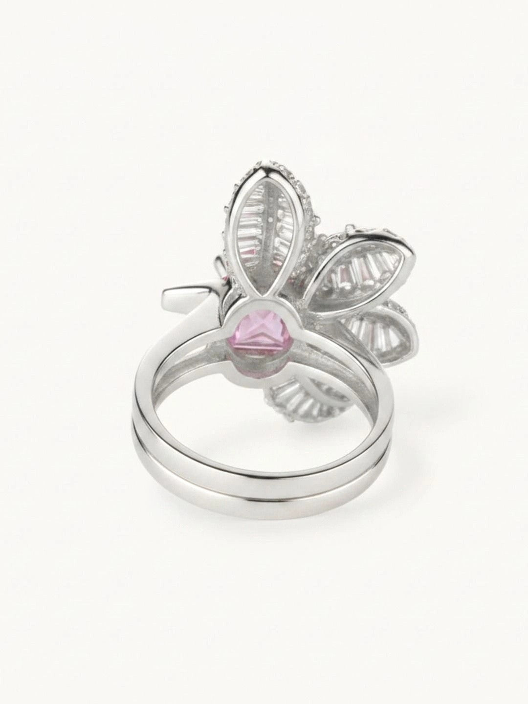 Dazzling Floral Pink Sapphire Silver Coated Diamond Ring