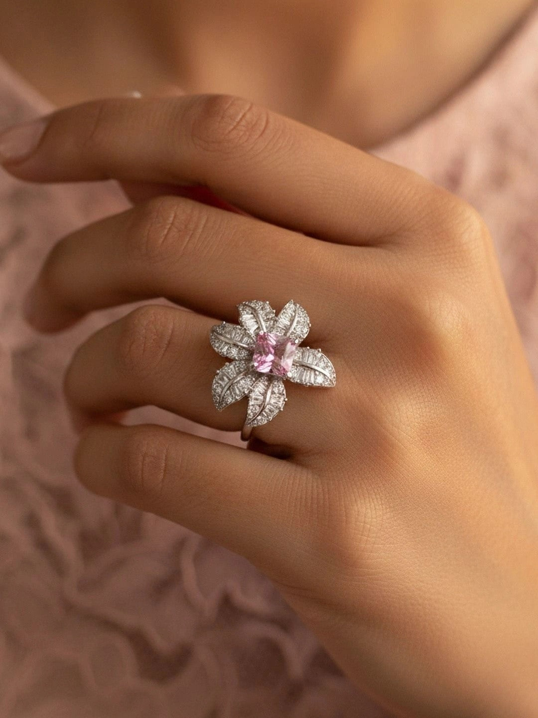 Dazzling Floral Pink Sapphire Silver Coated Diamond Ring