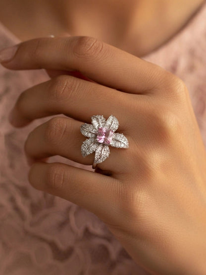 Dazzling Floral Pink Sapphire Silver Coated Diamond Ring
