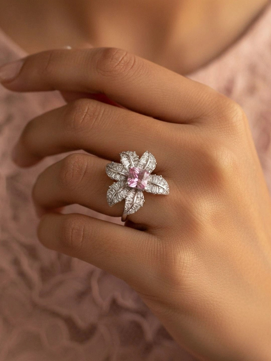 Dazzling Floral Pink Sapphire Silver Coated Diamond Ring