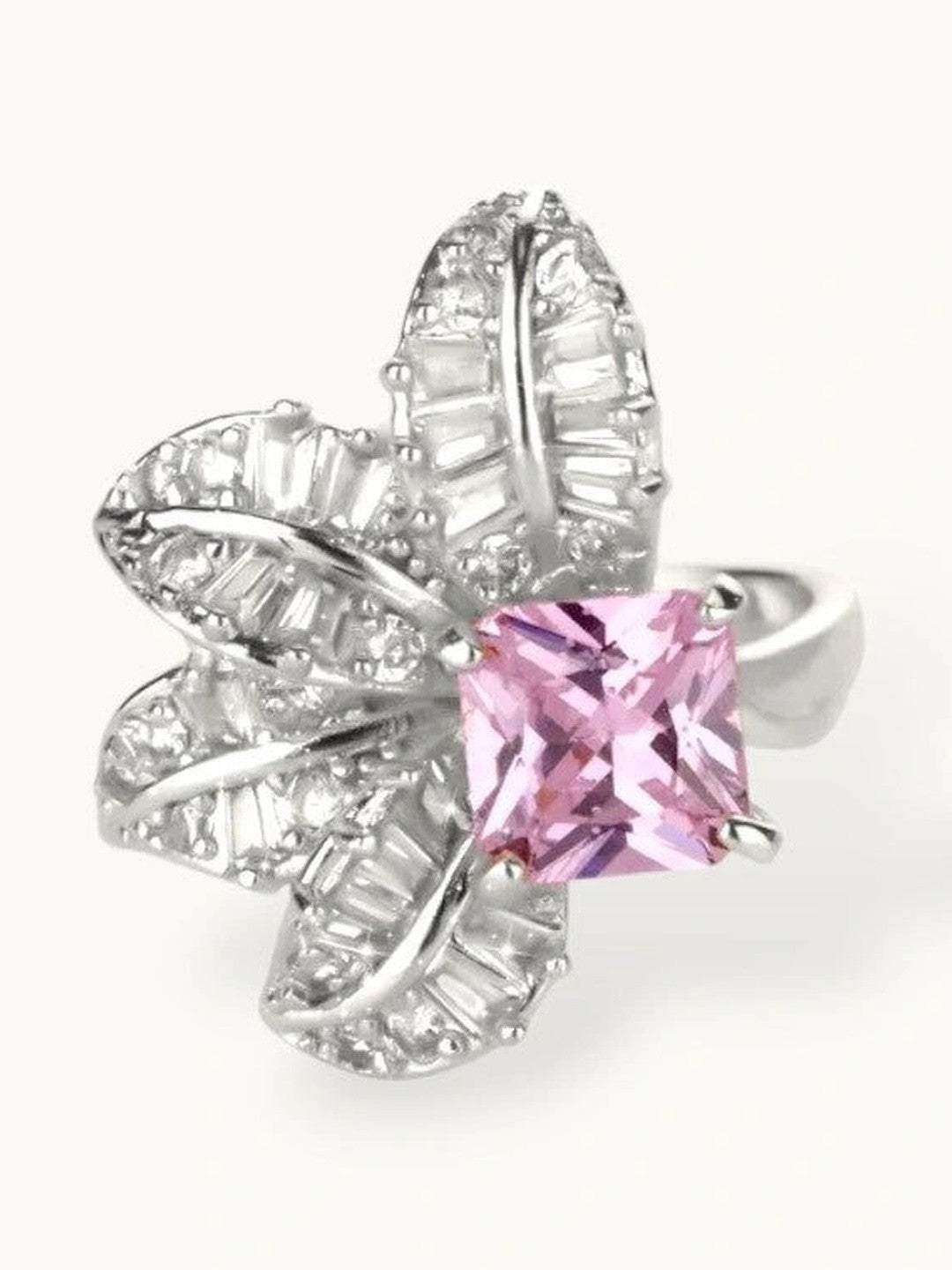 Dazzling Floral Pink Sapphire Silver Coated Diamond Ring