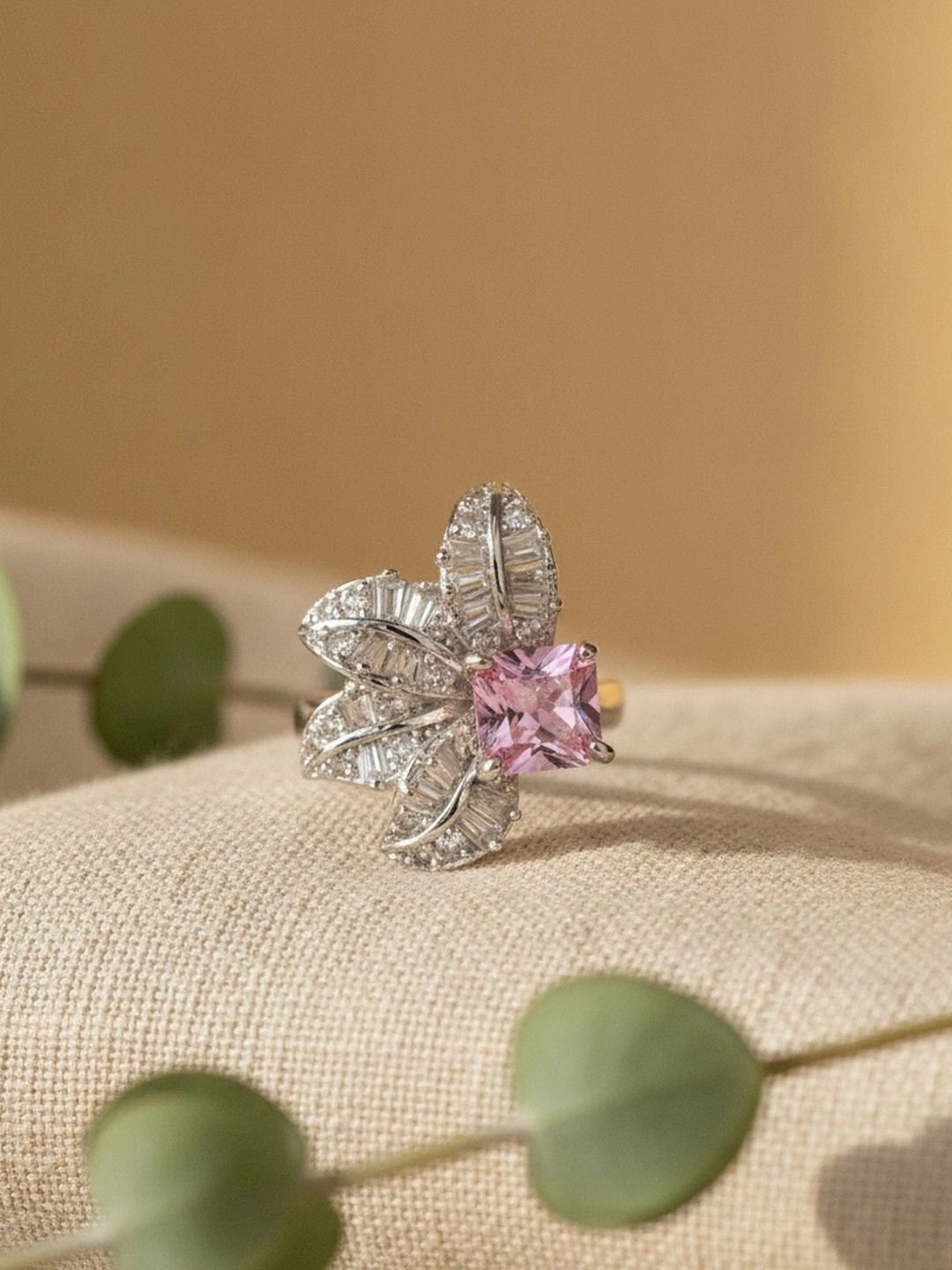 Dazzling Floral Pink Sapphire Silver Coated Diamond Ring