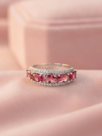 Opulent Oval Halo Stackable Silver Band Ruby Ring