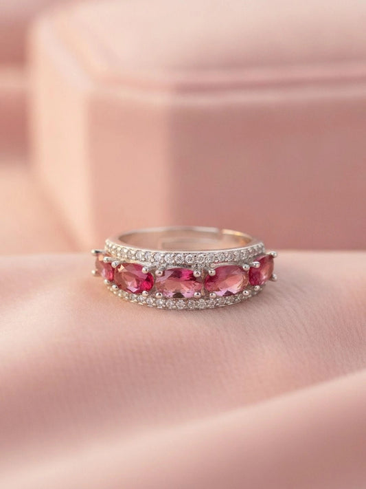 Opulent Oval Halo Stackable Silver Band Ruby Ring