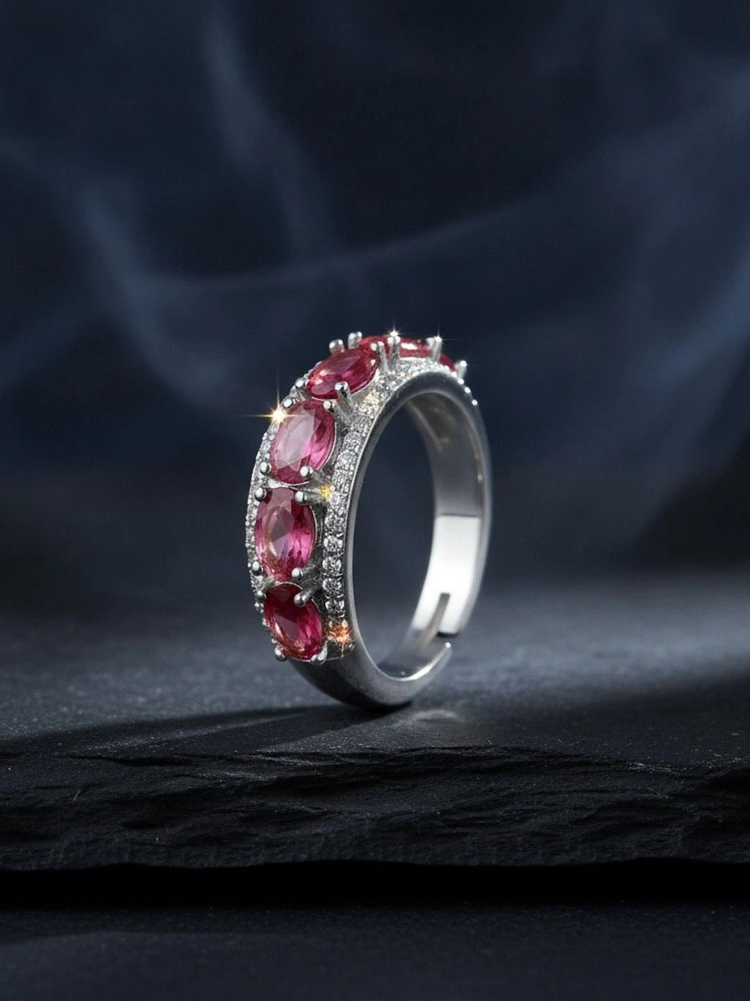 Opulent Oval Halo Stackable Silver Band Ruby Ring