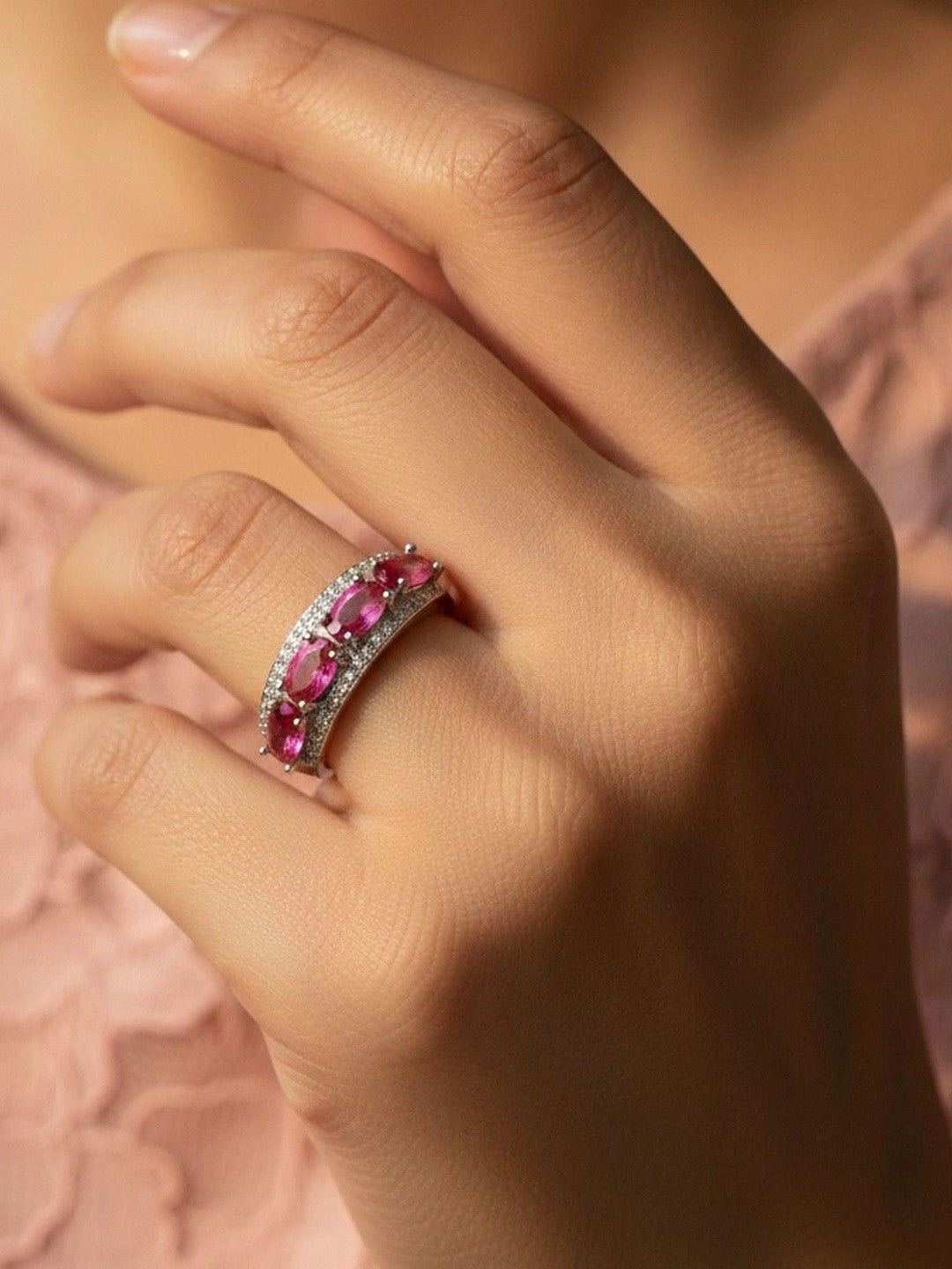 Opulent Oval Halo Stackable Silver Band Ruby Ring