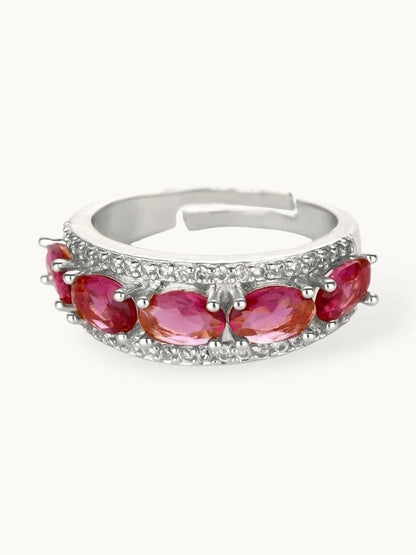 Opulent Oval Halo Stackable Silver Band Ruby Ring