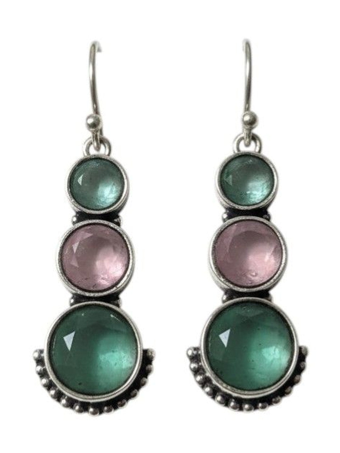 Front-facing pair of oxidised silver earrings with graduated teal and pink cabochon stones on white background