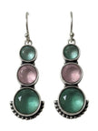 Front-facing pair of oxidised silver earrings with graduated teal and pink cabochon stones on white background