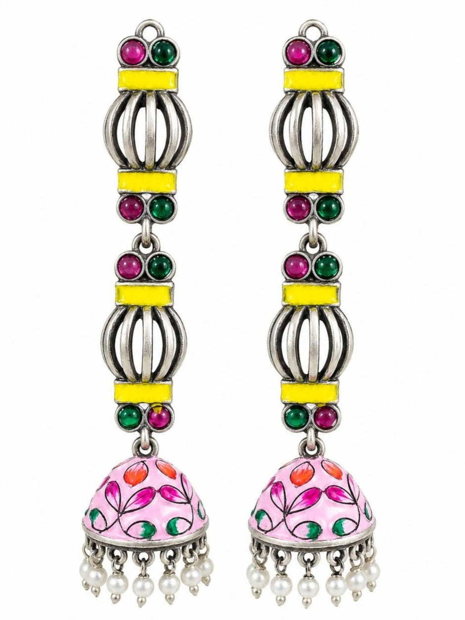 Front view of both oxidised silver jhumka earrings on white background displaying full drop length and enamel detail