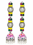 Front view of both oxidised silver jhumka earrings on white background displaying full drop length and enamel detail