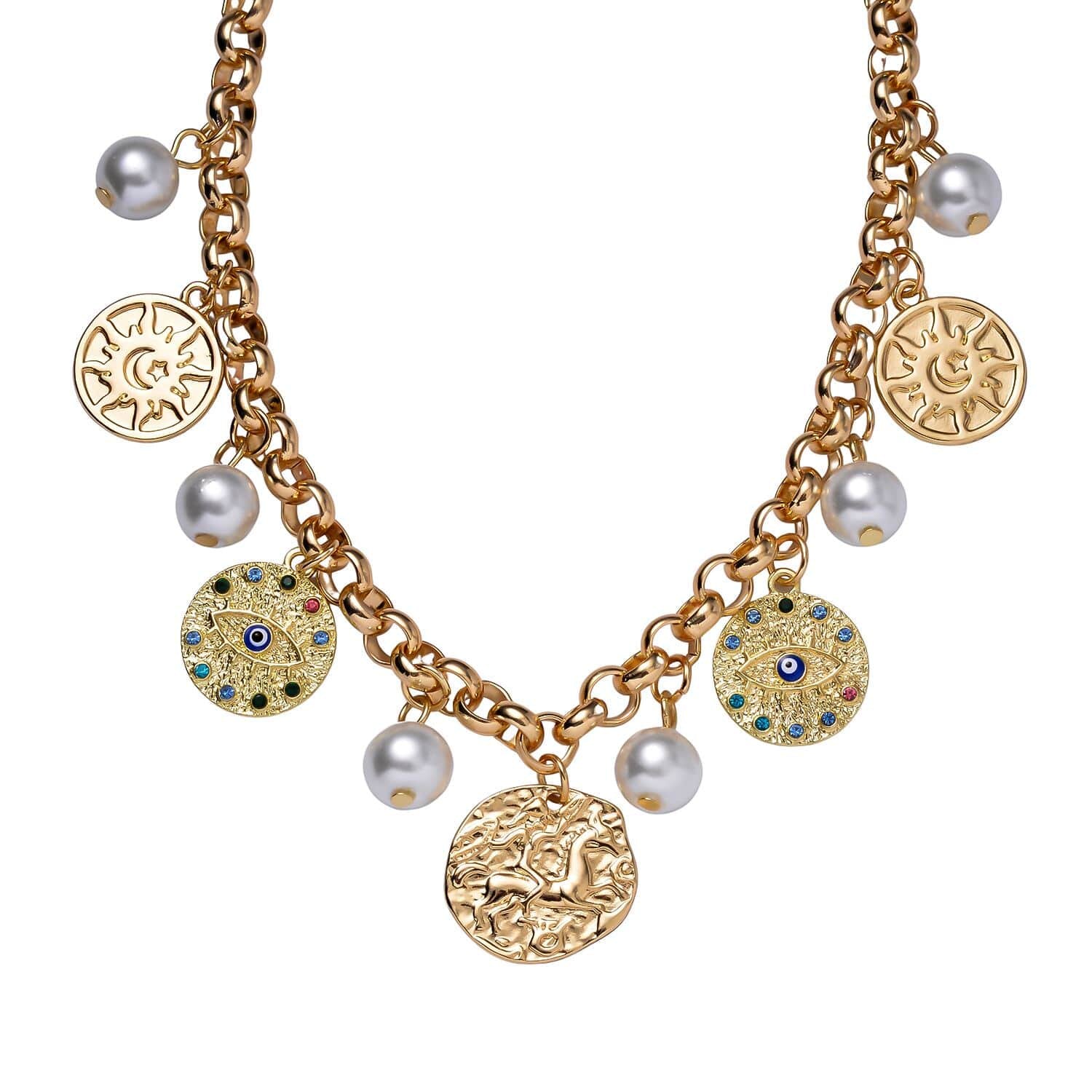 Gold coin charm bracelet with pearls and engraved pendants – statement jewelry for women