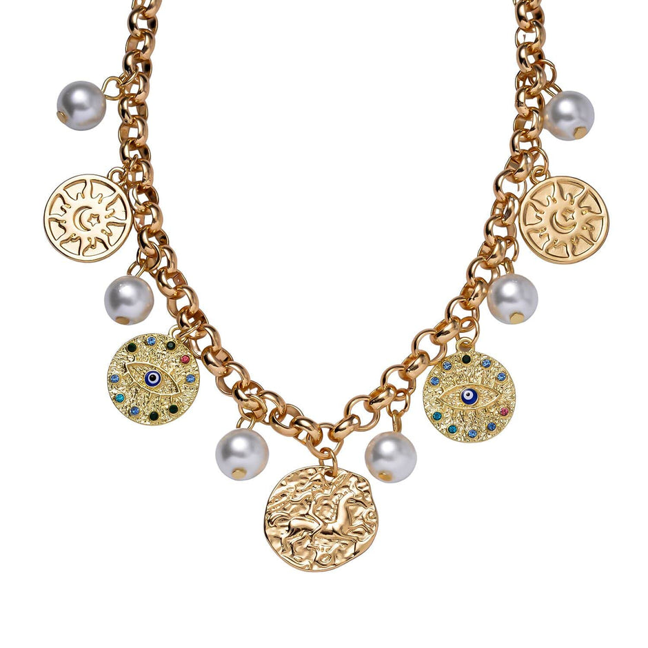 Gold coin charm bracelet with pearls and engraved pendants – statement jewelry for women