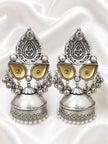 Back view of oxidised silver jhumka earrings on white satin showing reverse engraving and stud fitting