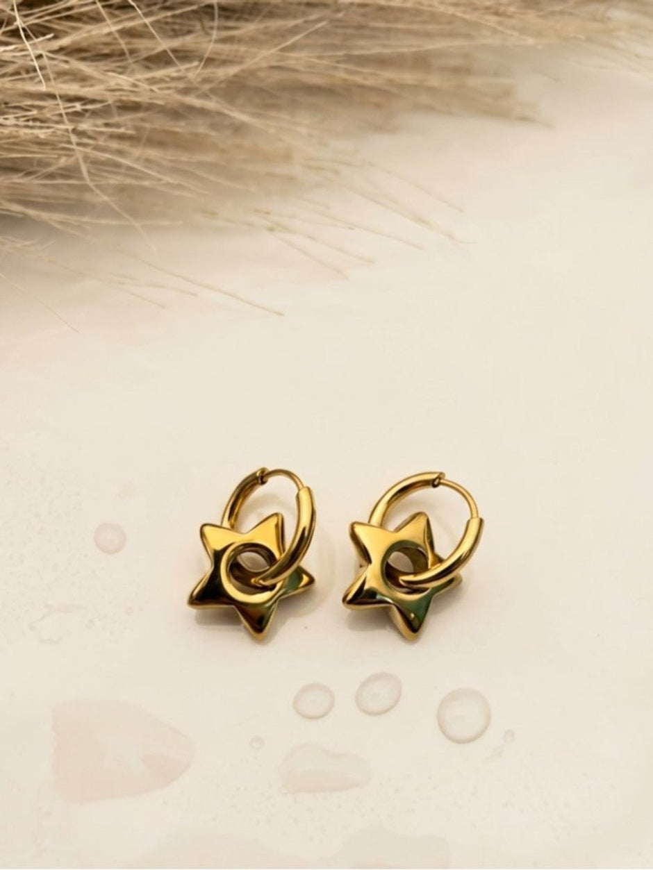 Pair of gold star charm hoop earrings laid on neutral textured surface with dried grass backdrop