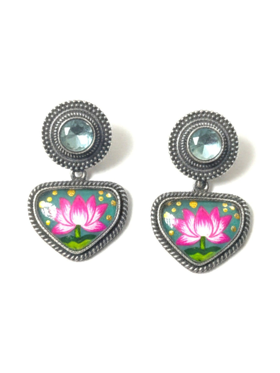 Pair of oxidised silver drop earrings with hand-painted teal and pink lotus enamel pendants on white background