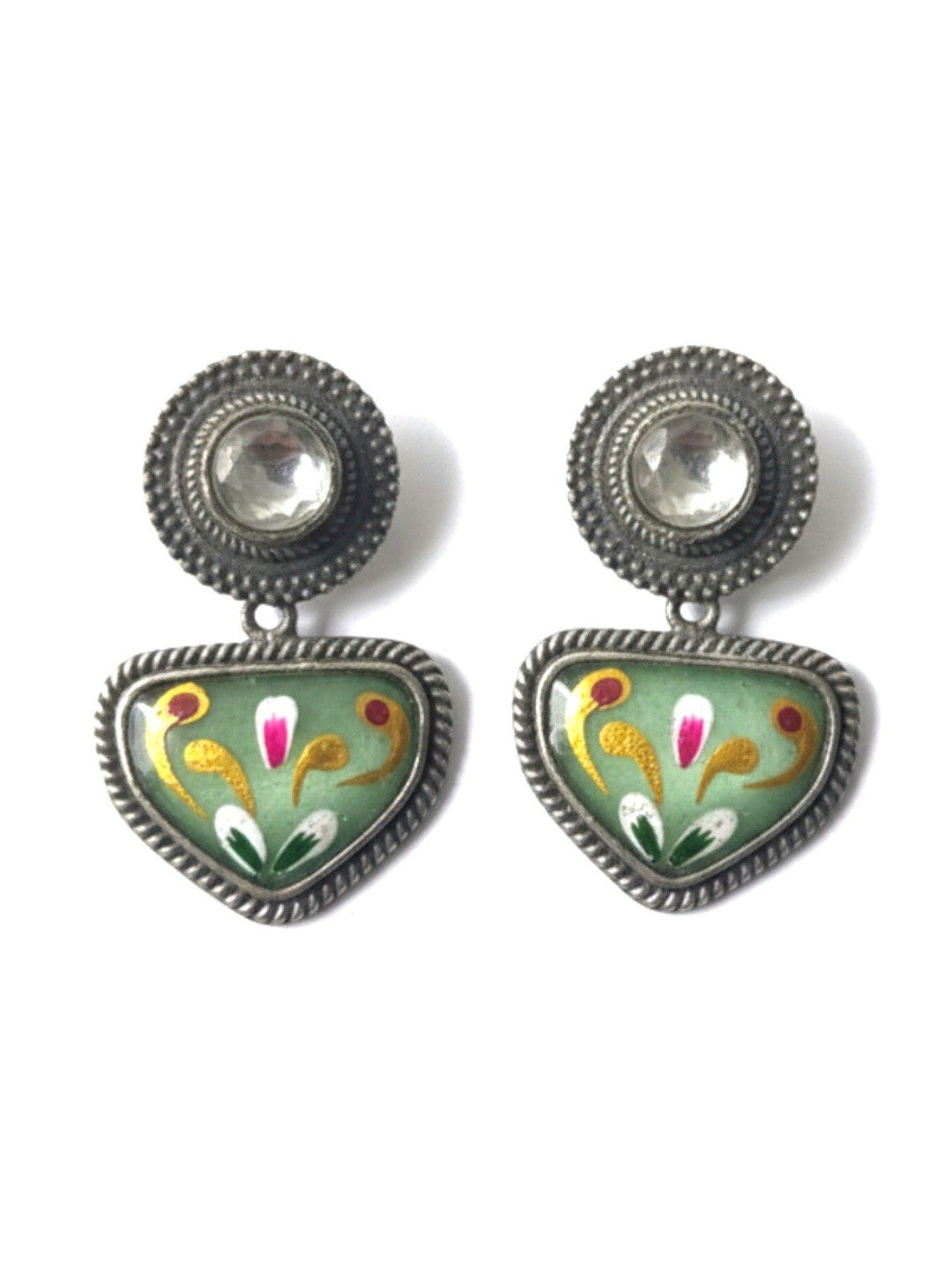 Front view of both oxidised silver meenakari kundan stud earrings on white background showing floral bird motifs