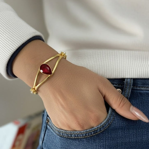Red Stone Teardrop Brass Bangle Bracelet