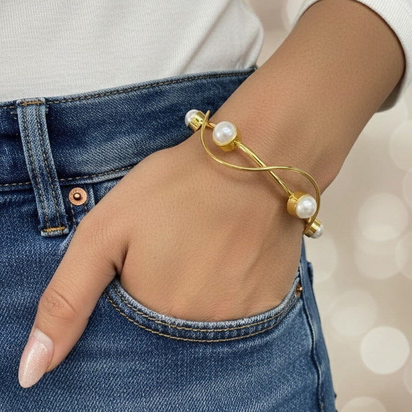 Wave Brass Pearl Cuff Bracelet