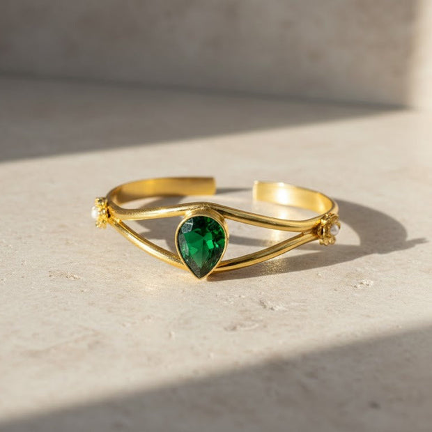 Emerald Green Drop Brass Bangle Bracelet