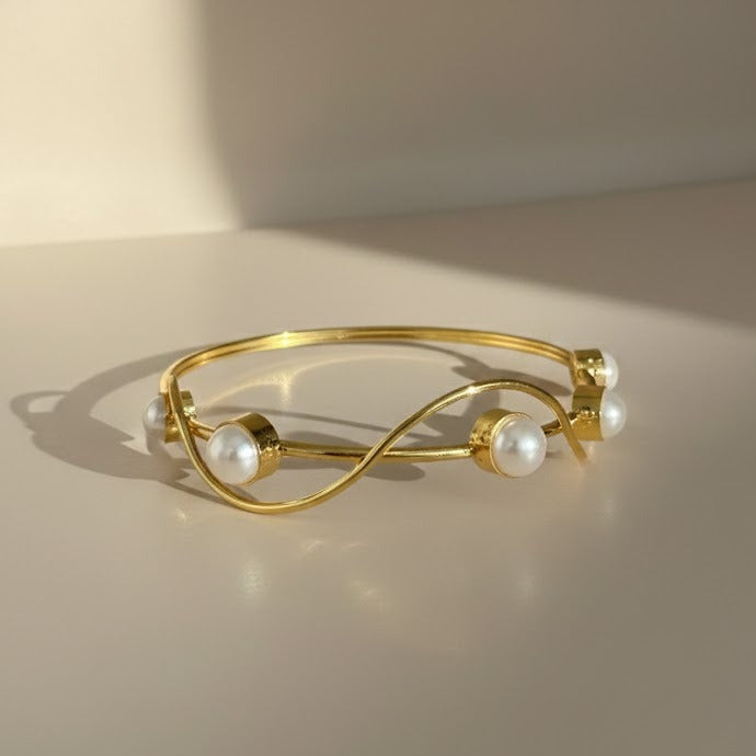 Wave Brass Pearl Cuff Bracelet
