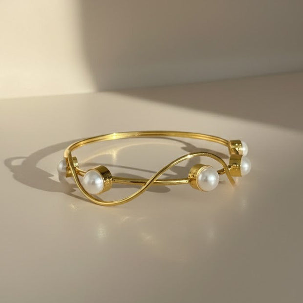 Wave Brass Pearl Cuff Bracelet