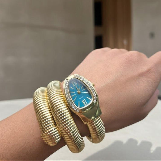 Crystal Encrusted Gold Snake Watch Timepiece- Blue