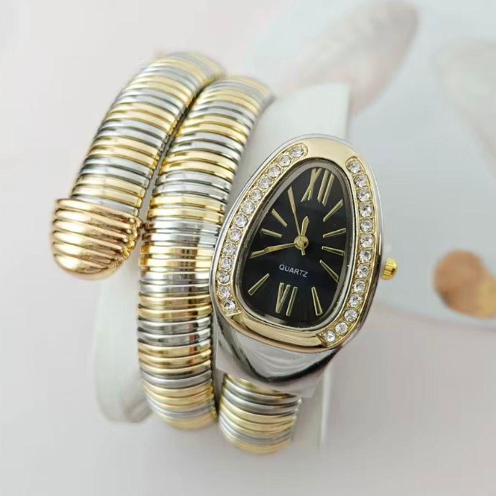 Crystal Encrusted Dual tone Snake Watch Timepiece- Black