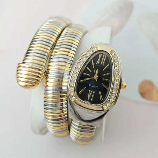 Crystal Encrusted Dual tone Snake Watch Timepiece- Black