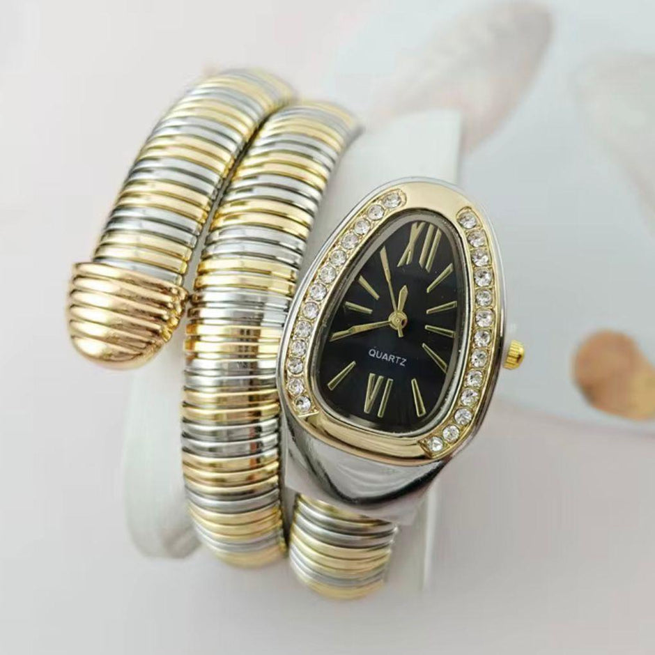 Crystal Encrusted Dual tone Snake Watch Timepiece- Black