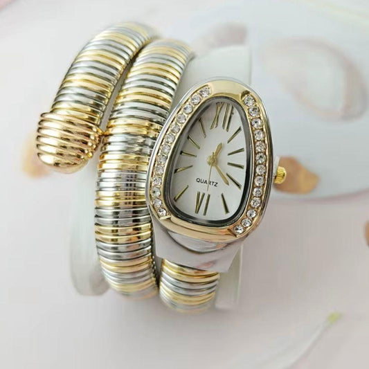 Crystal Encrusted Dual tone Snake Watch Timepiece- White