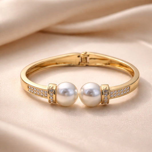 Dual Pearl Pavé Gold Bangle