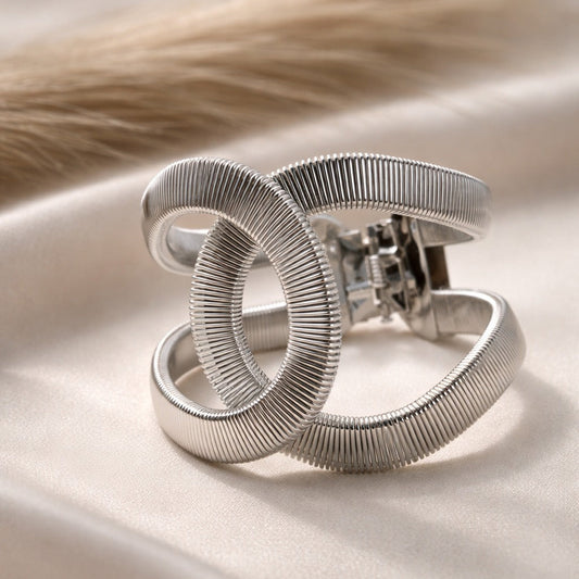 Ribbed Coil Statement Silver Cuff Bracelet