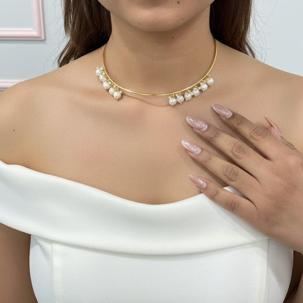 Gold Sculptural Flower Choker with Pearl