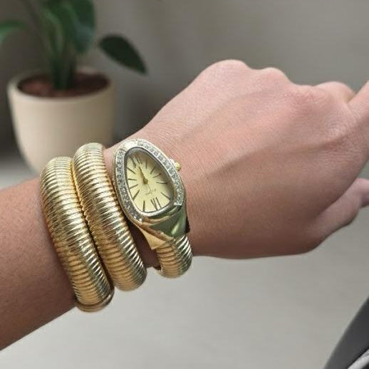 Crystal Encrusted Dual tone Snake Watch Timepiece- Golden