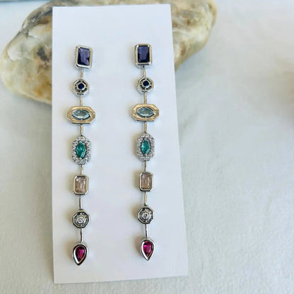 Art Deco Multi-Stone Geometric Silver Linear Earrings