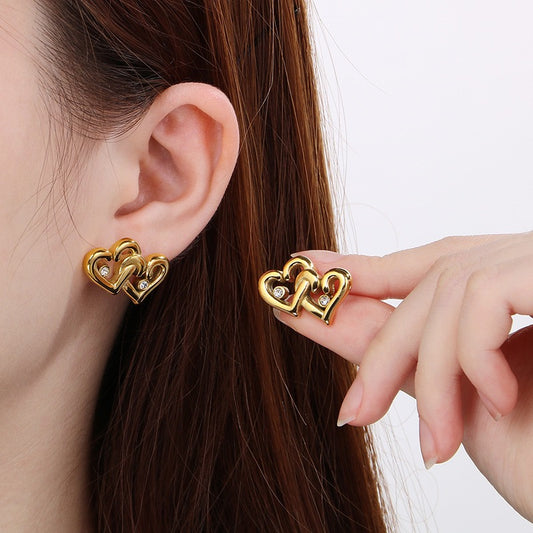 Interlocking Hollow Double Heart Zircon Stud Earrings