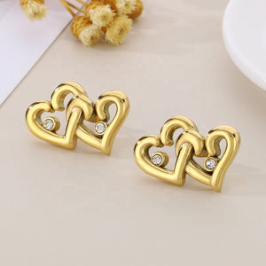 Interlocking Hollow Double Heart Shape Diamond Stud Earrings