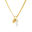 Golden Bowknot Zircon Pearl Charm Pendant Necklace