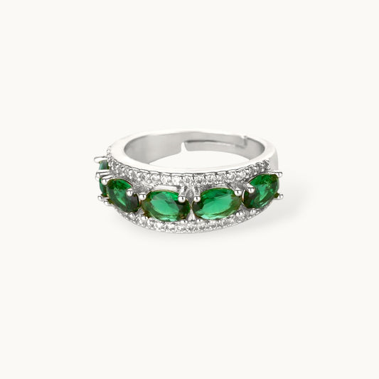 Opulent Emerald Oval Halo Stackable Silver Band Ring