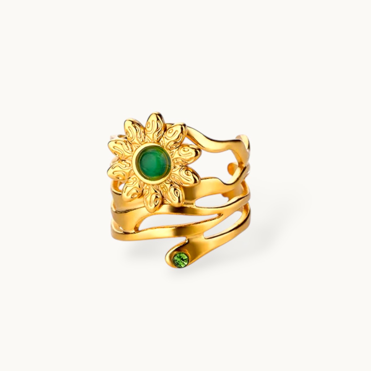 Boho Coil Sunflower Ring with Green Gem Accent