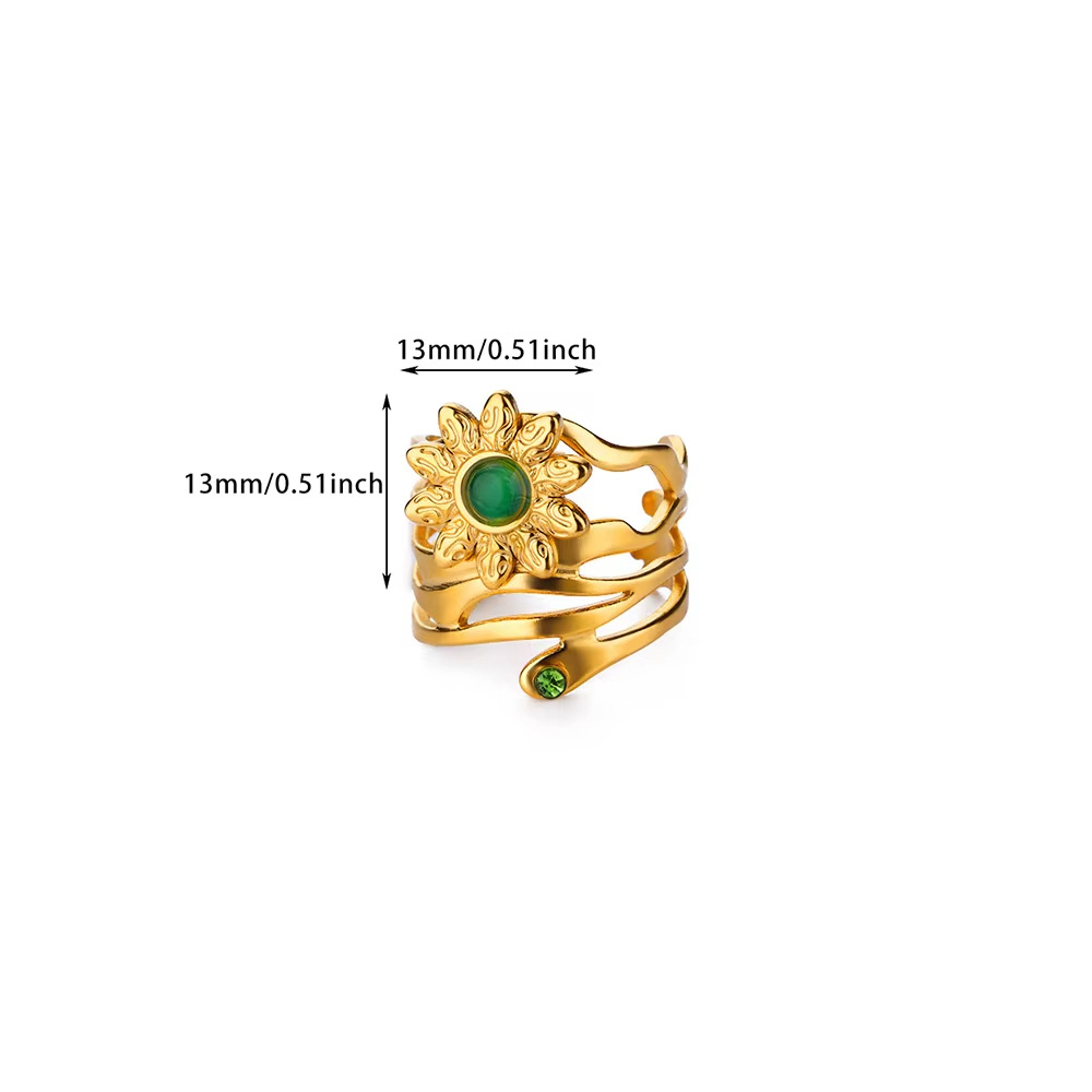 Boho Coil Sunflower Ring with Green Gem Accent