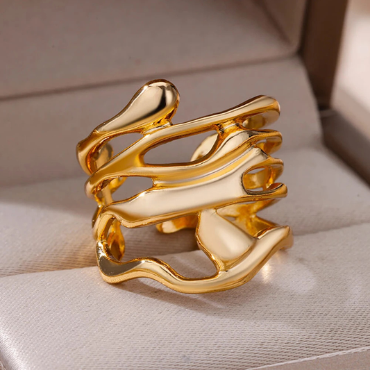 Wide Sculptural Molten Gold Stackable Ring
