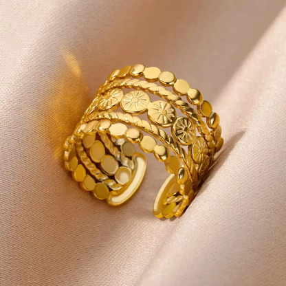 Boho Multi-Row Dot & Sunburst Stackable Wide Band Ring