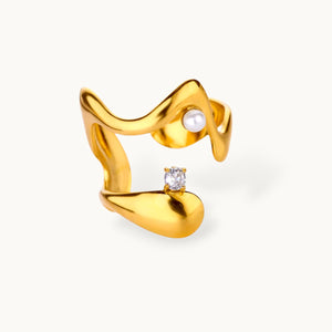 Wavy Abstract Open Solitaire Pearl Ring